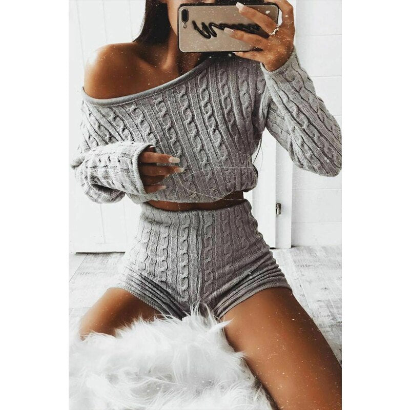 NEW 2020 Knit 2 Piece Set Women's Long Sleeve Crop Tops &amp; Short Pants Sexy Winter Sweater Two Piece Clothing Set