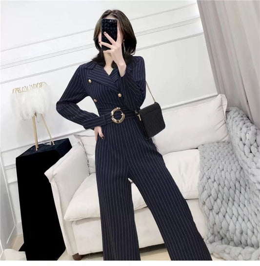 2019 women's new Korean temperament suit collar slim slimming high waist strap wide leg jumpsuit