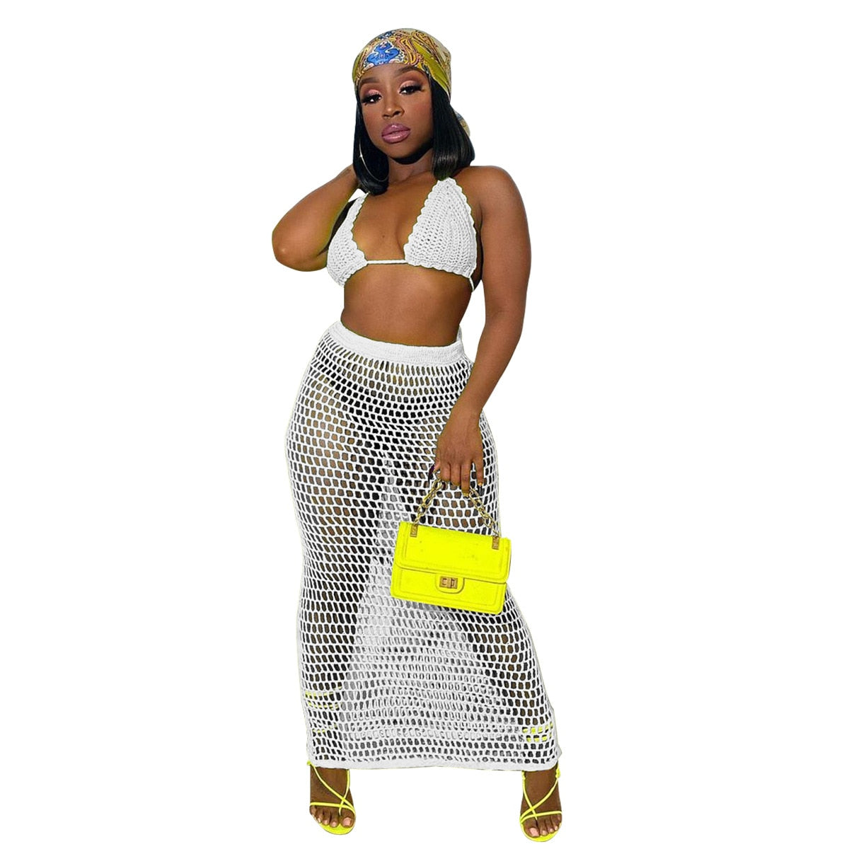 ANJAMANOR Hollow Out Crochet Sexy Summer Two Piece Set Top and Skirts Matching Sets Beach Cover Up Neon Club Outfits D48-DD20