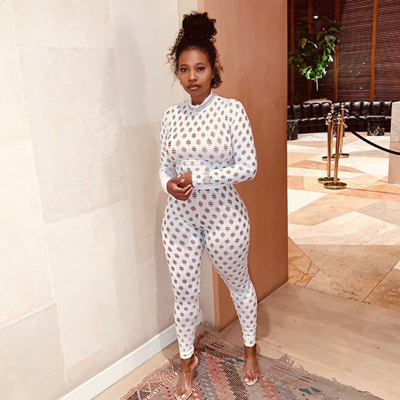 Hollow Out Jumpsuits Women 2021 Turtleneck Sexy Net Plaid Hole Skinny Elastic Club Streetwear Solid Rompers Female Outfits