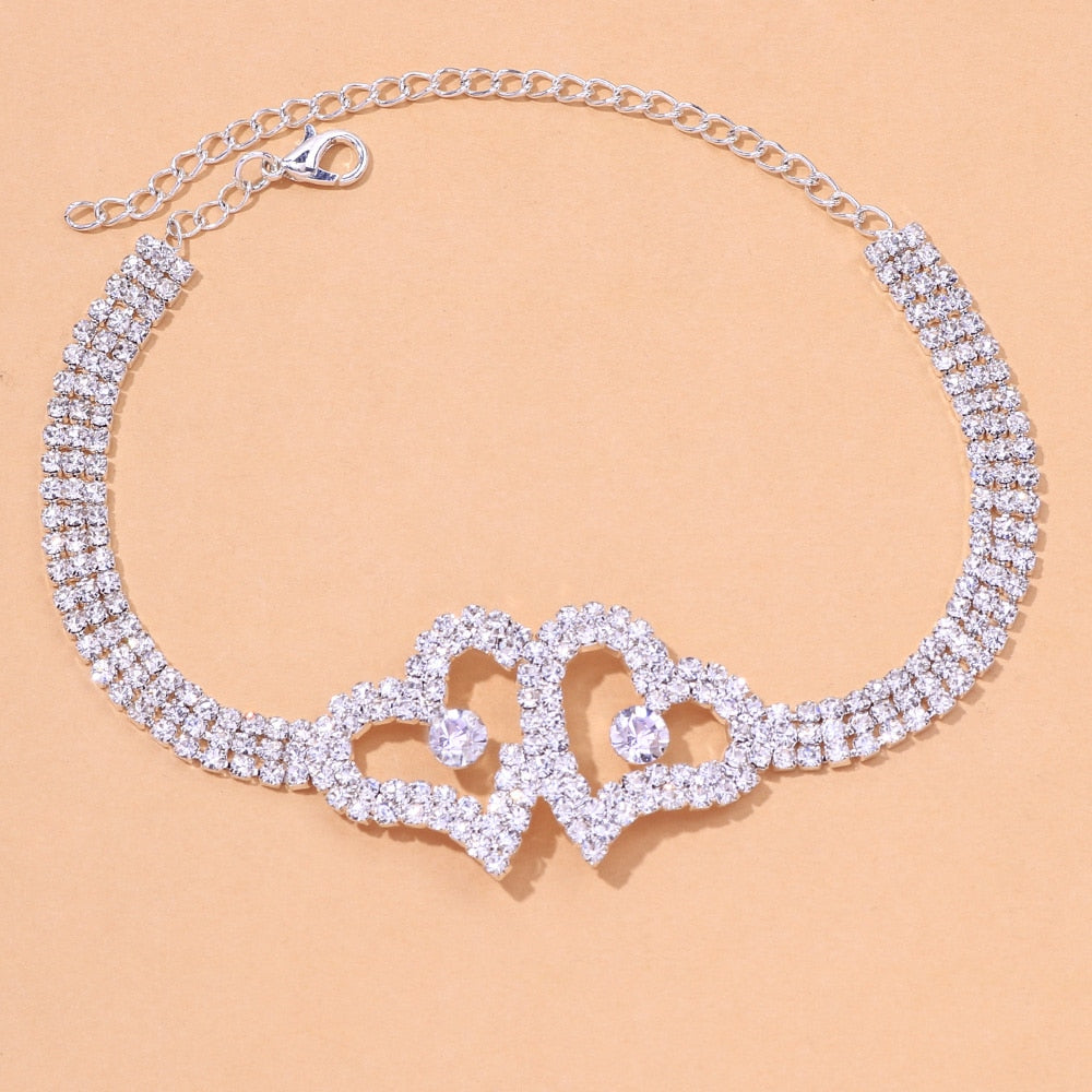 Stonefans Luxury Women Rhinestone Double Heart Anklet Wholesale New Crystal Tennis Chain Anklet Bracelets on Hand Jewelry Gift