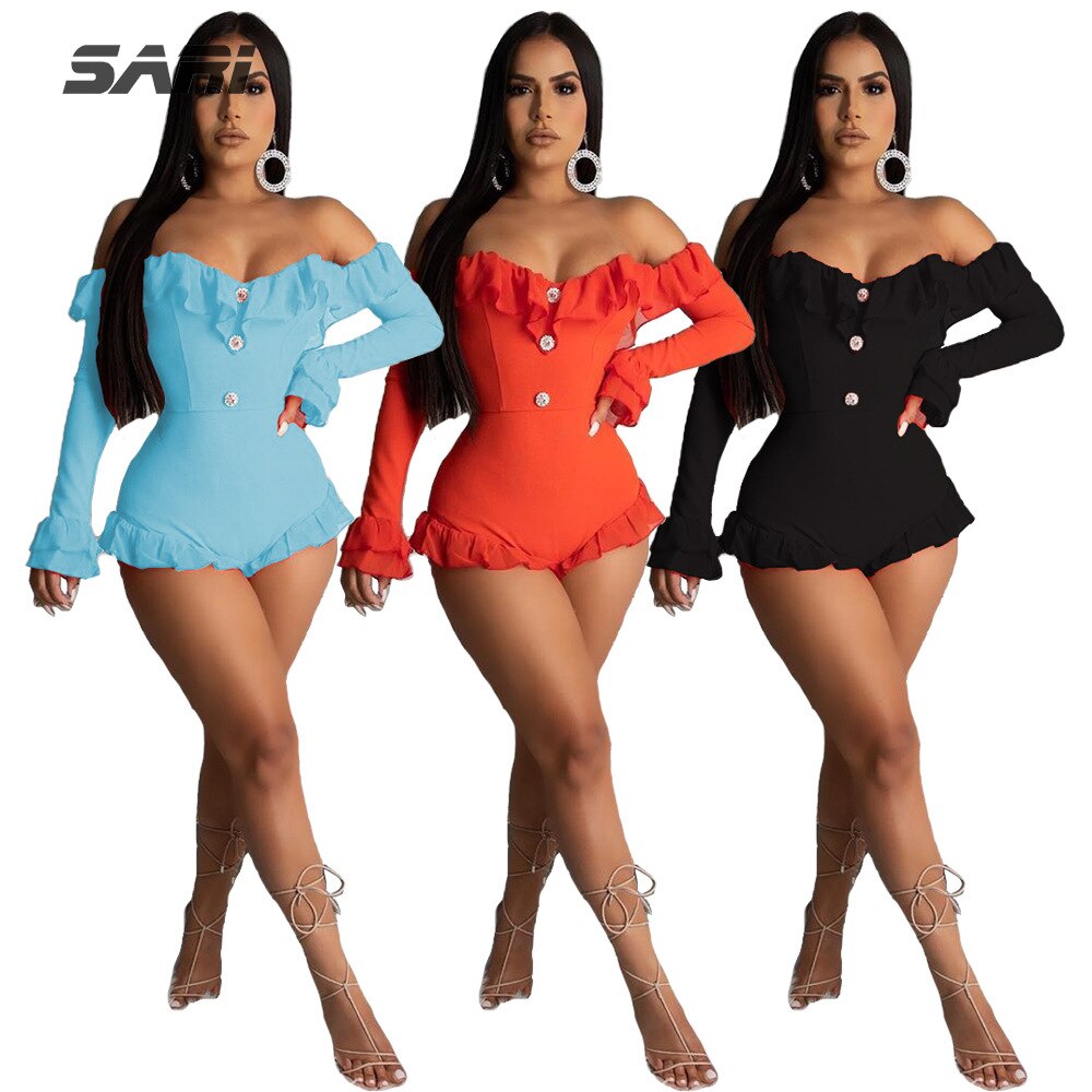Sexy Solid Ruffle Slash Neck Jumpsuit Women Flare Long Sleeve Top Shorts Swimsuit New Mesh Patchwork Outfits For Women