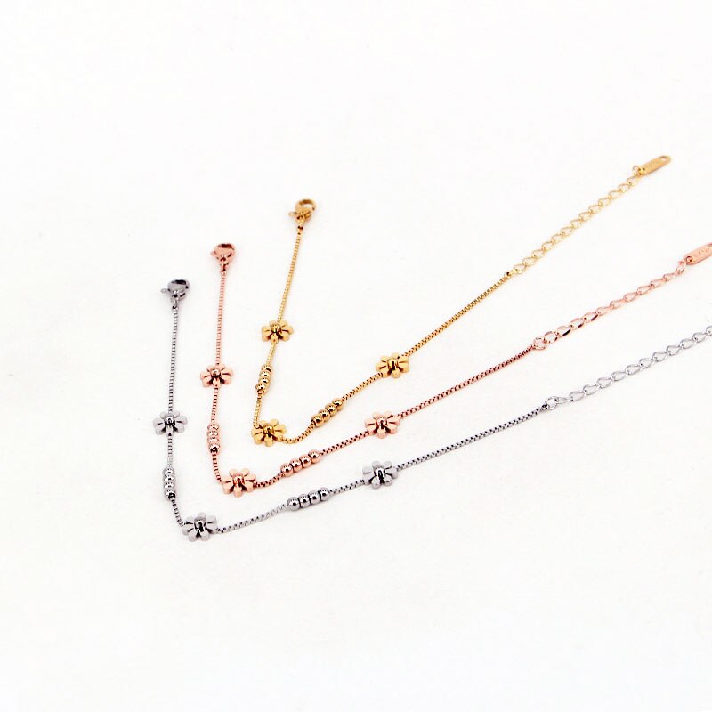 High Quality Box Chain Chrysanthemum And Beads Woman Anklet Top Quality Stainless Steel Gold And Rose Gold Color Anklet Gift