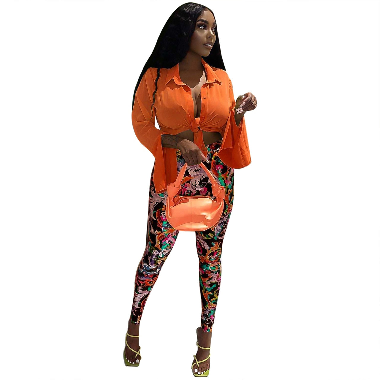 ANJAMANOR Sexy Two Piece Set Crop Top Shirts Printed Leggings Club Outfits for Women Pants Sets Bulk Wholesale Clothing D44-DD30