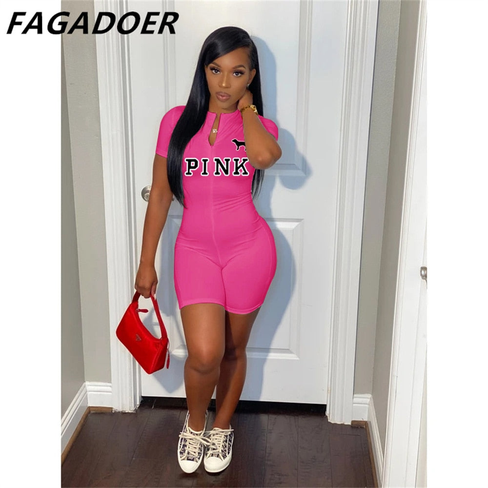Casual Fashion  PINK Letter Print Skinny Playsuit Short Sleeve Solid Zipper Rompers Female Elastic Slim Bodysuits Summer Outfits