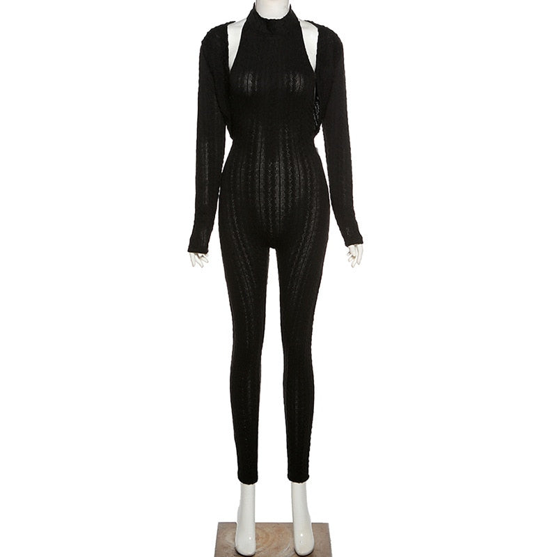 Simenual Knitting Twist Crop Top And Jumpsuit Matching Sets Casual Long Sleeve Women Halter Clothing Bodycon 2 Piece Outfits Hot