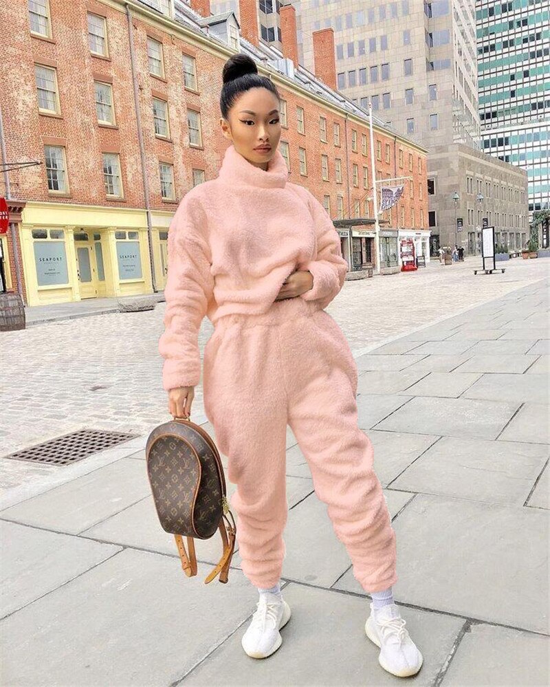 Women Two Piece Outfits Loose Casual Clothes Winter Plush Solid Color Turtleneck Sweater High Waist Elastic Waist Trousers Suit