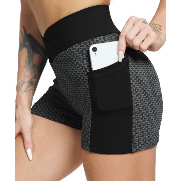 High V-waistband Sport Shorts with Side Pocket for Women Honeycomb Texture Butt Lift Leggings Fitness Gym Yoga Biker Short Pants