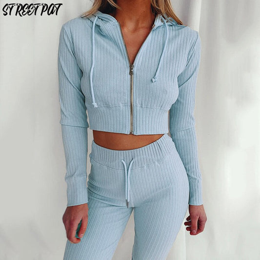 Ribbed Hoodie Two Piece Set Tracksuit Women Long Sleeve Sweatshirt Pencil Pants Suit Joggers Sport Fitness Outfits Sweatsuits