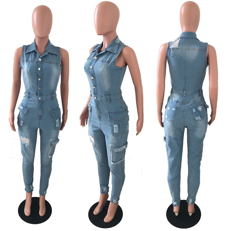 Casual Slim Sleeveless Stretch Ripped Jeans Jumpsuit Denim Playsuit 2021 Summer Cotton Jump Suit Party Club Overalls Cargo Pants