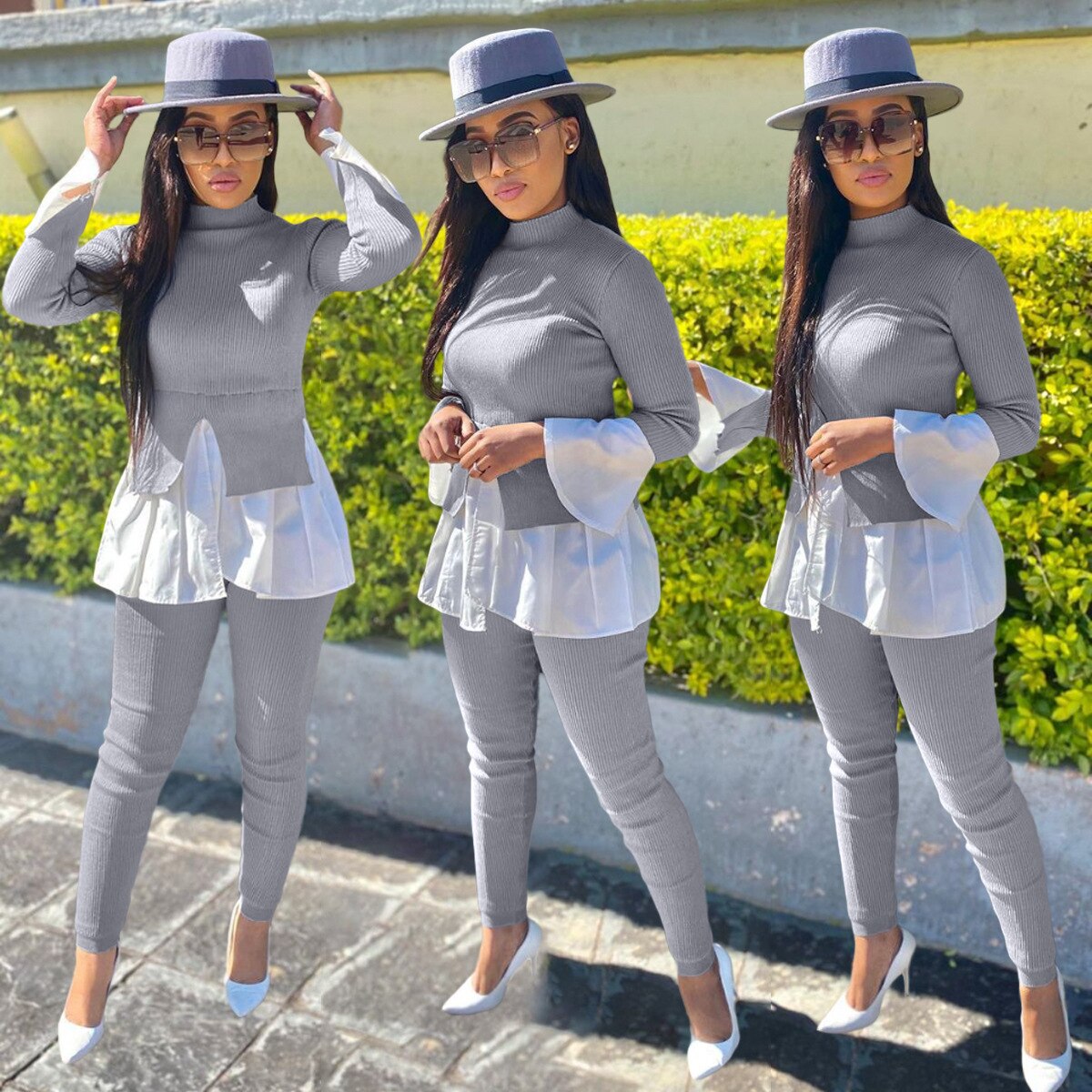 Two Piece Pant Suits Sets Turtleneck Sweater Long Sleeve Ruffle Trim Patchwork Knit Pullover Leisure Trendy Women Spring Autumn