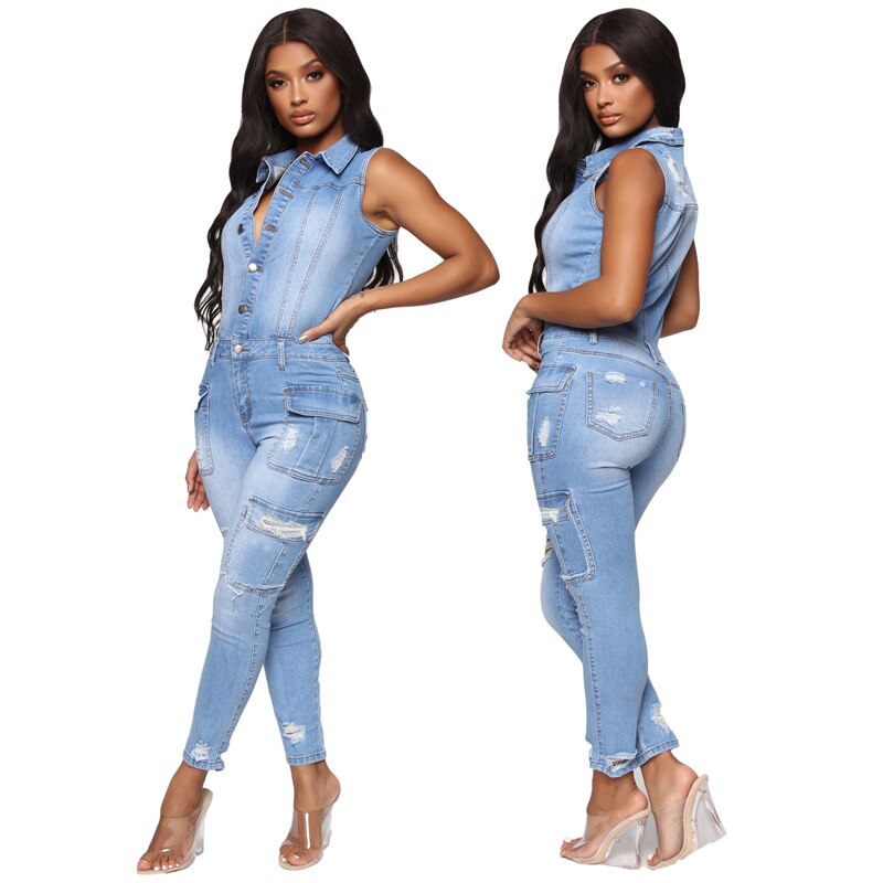 Casual Slim Sleeveless Stretch Ripped Jeans Jumpsuit Denim Playsuit 2021 Summer Cotton Jump Suit Party Club Overalls Cargo Pants