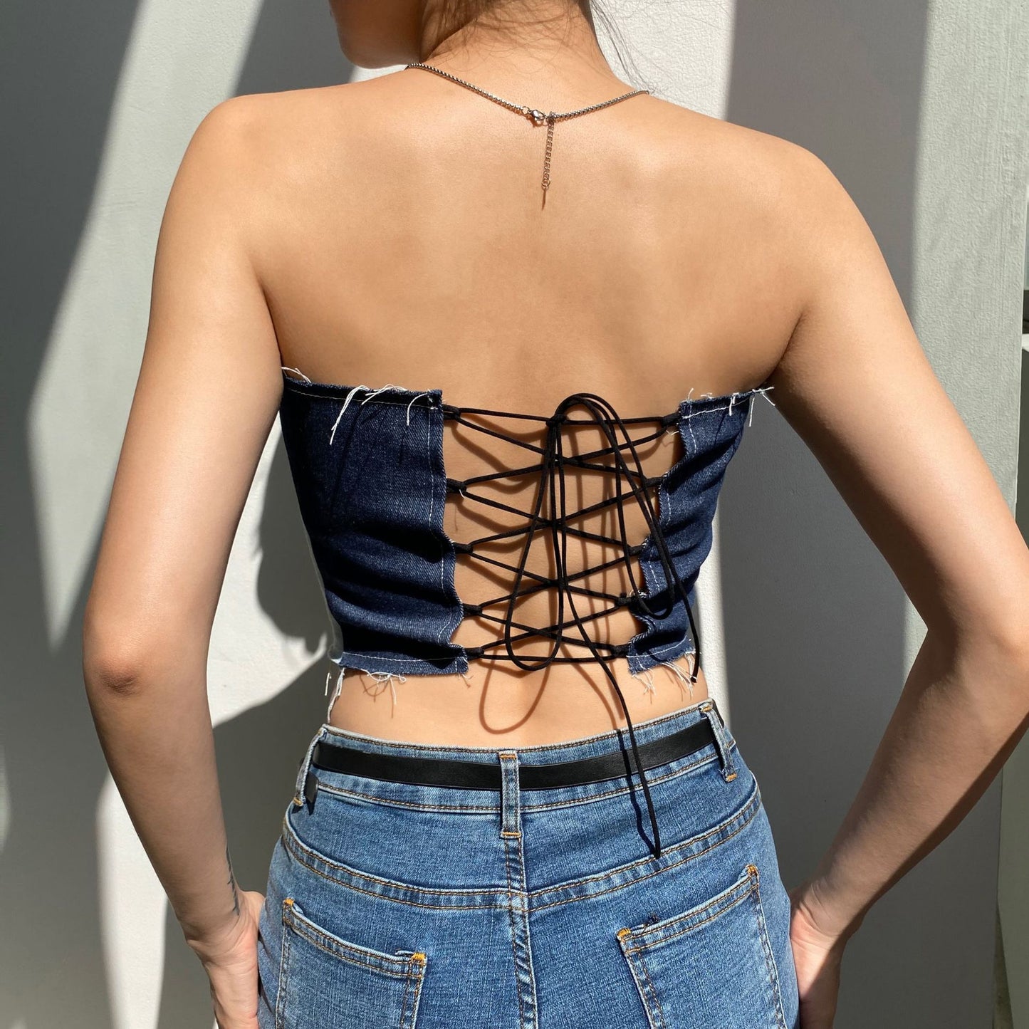 Sexy Patchwork Denim Crop Tops Women Streetwear Y2k Punk Laced Backless Tube Tank Top Party Club Busiter