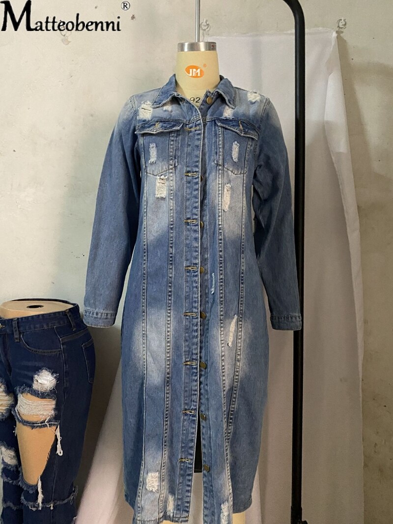 Autumn Women Sexy Ripped Denim Jackets 2021 Vintage Casual Long Jean Jacket Winter Female Long Sleeve Coat Streetwear