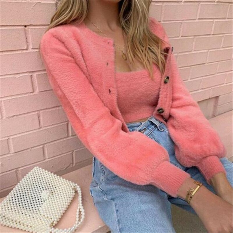 Women Clothes Set Autumn Winter Ladies Loose Long Sleeve Cardigan Tops+Vest Fleece Kimono Tops Blouse Coat Jacket Clothing Set