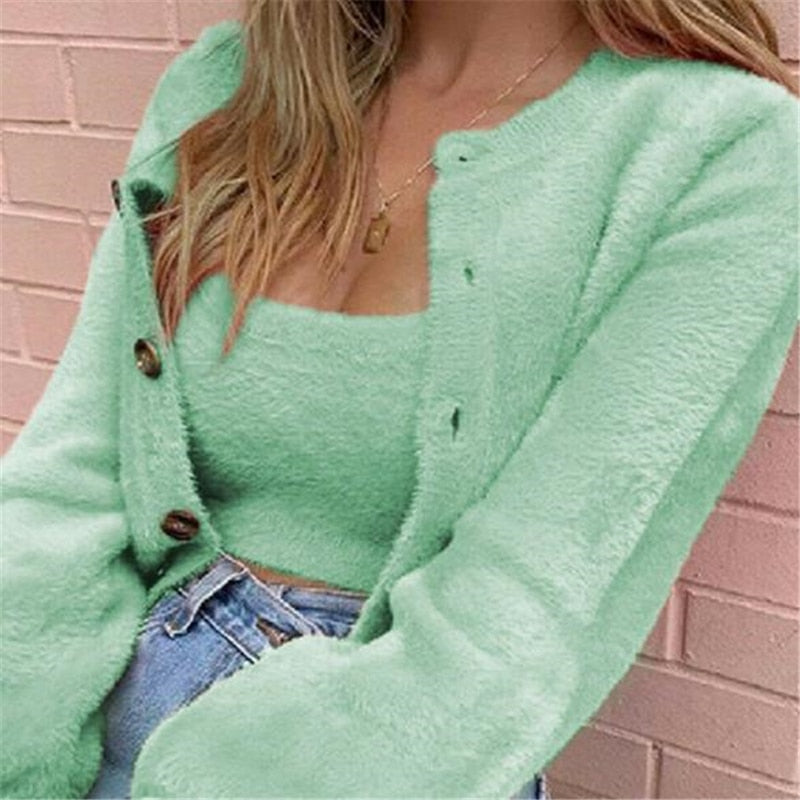 Women Clothes Set Autumn Winter Ladies Loose Long Sleeve Cardigan Tops+Vest Fleece Kimono Tops Blouse Coat Jacket Clothing Set