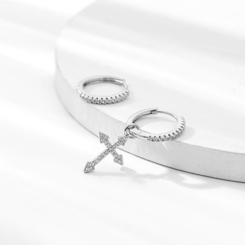 New Fashion Mini Zircon Cross Drop Pendant Hoop Earrings Hip Hop Asymmetric Dangle Earrings For Women Men Jewelry Ear Accessorie