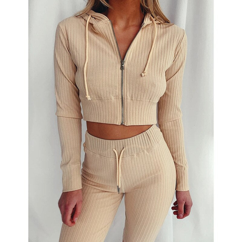 Ribbed Hoodie Two Piece Set Tracksuit Women Long Sleeve Sweatshirt Pencil Pants Suit Joggers Sport Fitness Outfits Sweatsuits