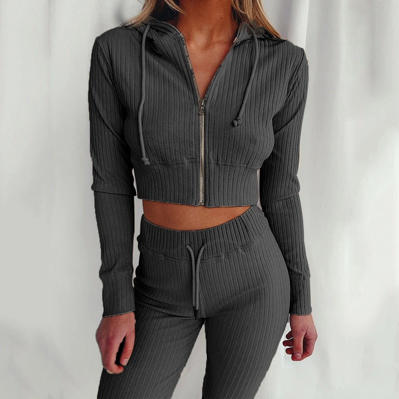 Ribbed Hoodie Two Piece Set Tracksuit Women Long Sleeve Sweatshirt Pencil Pants Suit Joggers Sport Fitness Outfits Sweatsuits