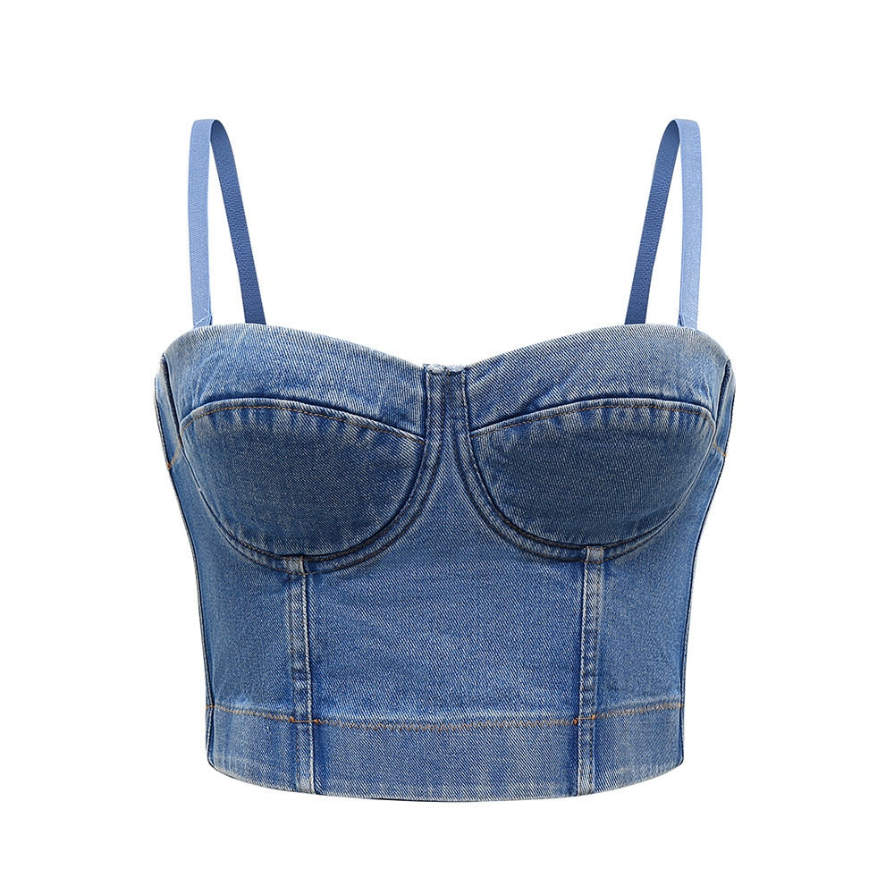 SXTHAENOO Fashion Sexy Denim Jeans Women's Button Bustier Bra Night Club Party Cropped Top Vest Plus Size