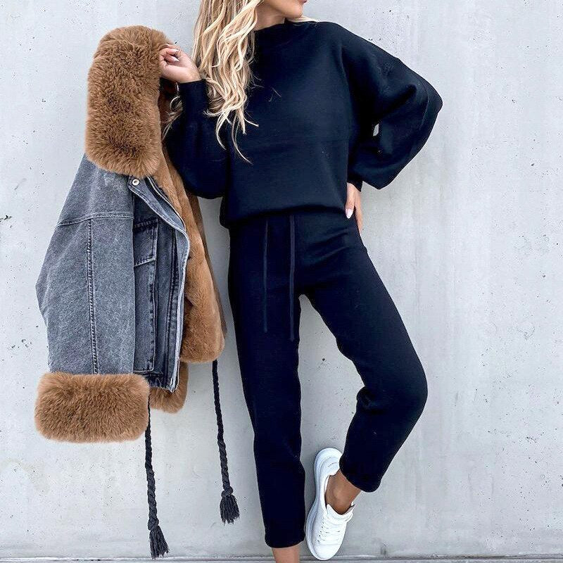 2021 autumn and winter new style women's fashion high collar leisure long sleeve solid color sweater pants two-piece set