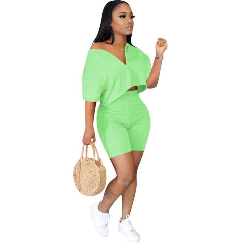Plus Size Two Piece Set Women Clothes 2020 Casual Tracksuit Crop Top Biker Shorts Set Lounge Wear Matching Sets 2 Piece Outfits