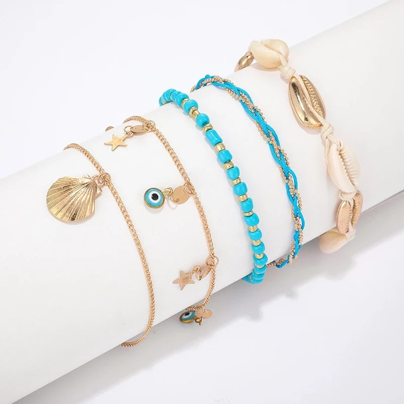 docona Boho Handmade Shell Seed Beads Anklet Set for Women Multilayer Broken Stones Summer Ocean Beach Foot Chains Jewelry 9426