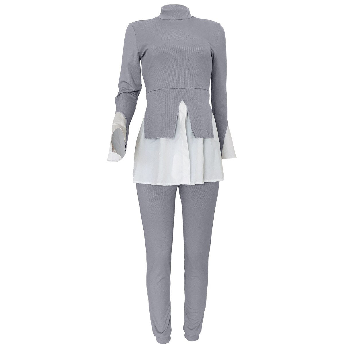 Two Piece Pant Suits Sets Turtleneck Sweater Long Sleeve Ruffle Trim Patchwork Knit Pullover Leisure Trendy Women Spring Autumn