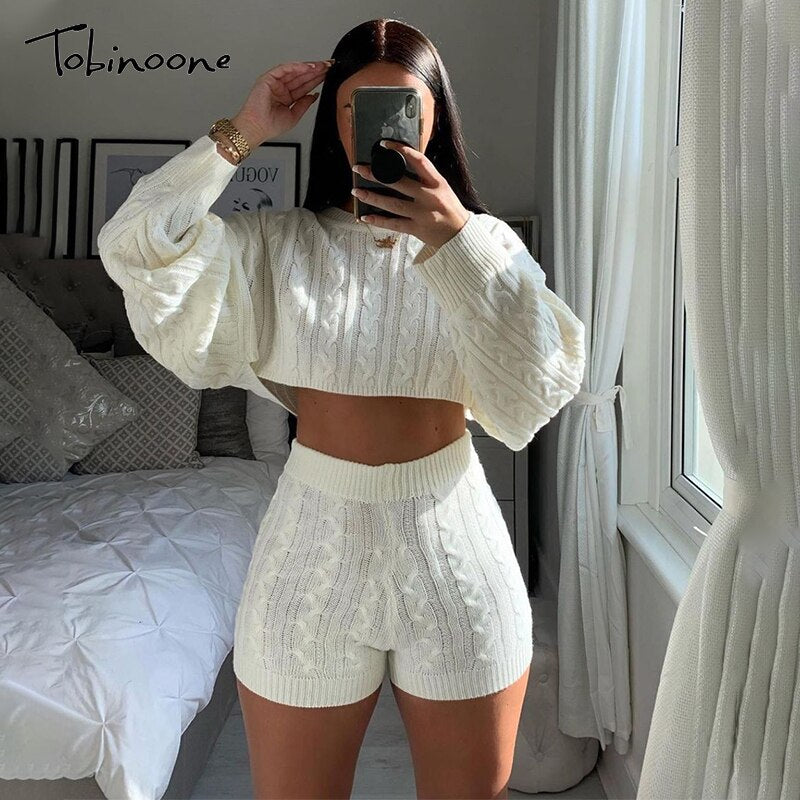Tobinoone Two Piece Set Women Set Autumn Winter Outfits Long Sleeve Knitted Sweater Top And Shorts Pants Suit Sexy Sweater Set