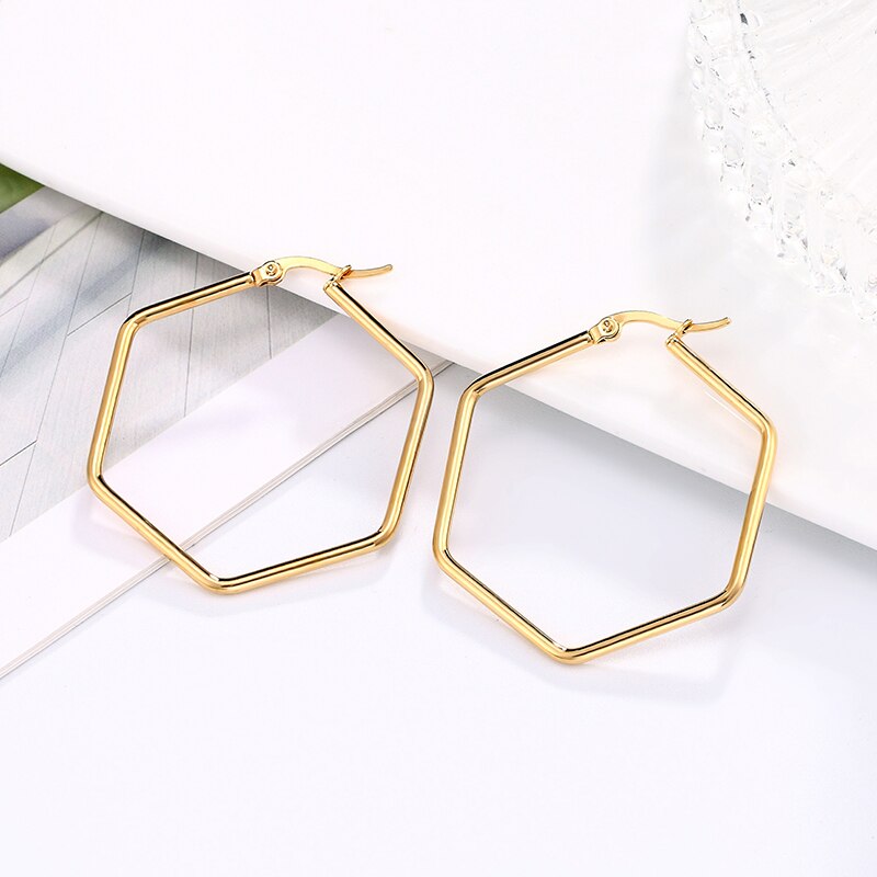 Punk Fashion Ear Jewelry Glossy Hexagon Large Hoop Earrings For Women Girl Large Geometric Exaggeration Loop earrings Trend Gift