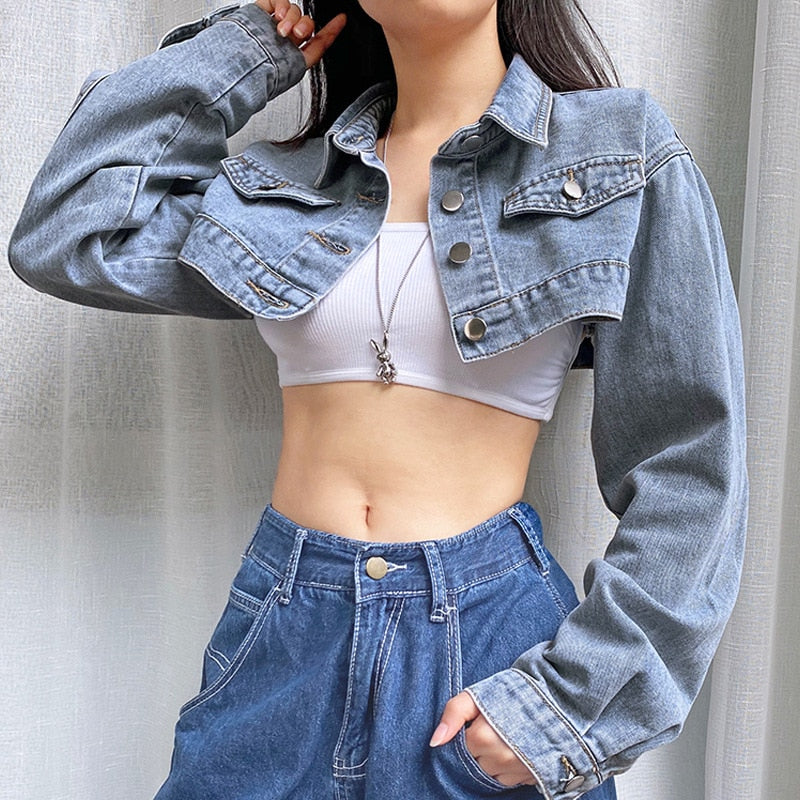 Y2K Solid Cropped Denim Jacket Women Autumn Vintage Sexy Kpop Streetwear Jeans Down Coat Female Winter 2020 E Girl Top Iamhotty