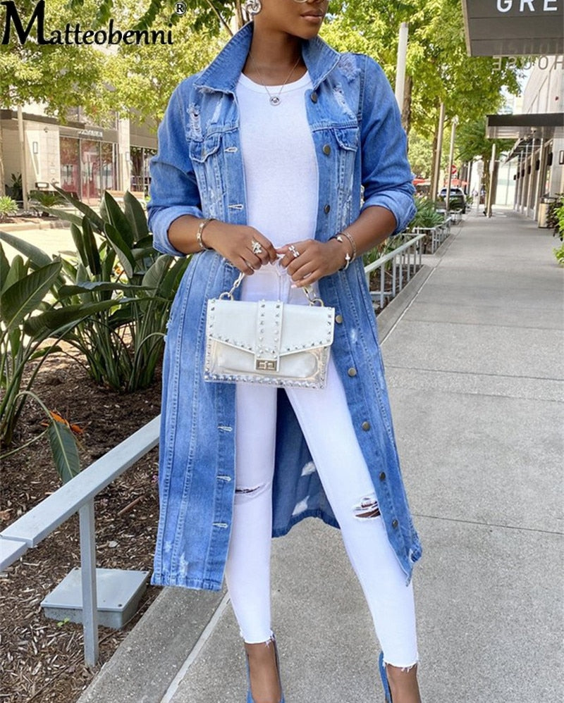 Autumn Women Sexy Ripped Denim Jackets 2021 Vintage Casual Long Jean Jacket Winter Female Long Sleeve Coat Streetwear