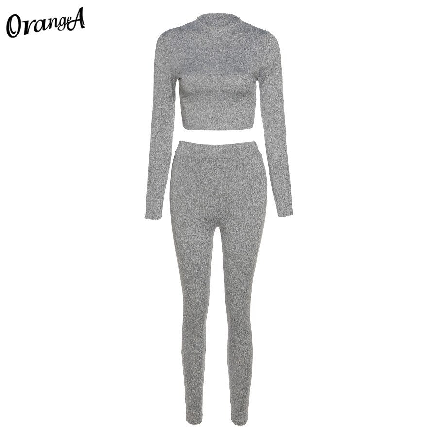 OrangeA turtleneck tracksuit women solid long sleeve crop top leggings sporty bodycon streetwear stretchy matching set outfits