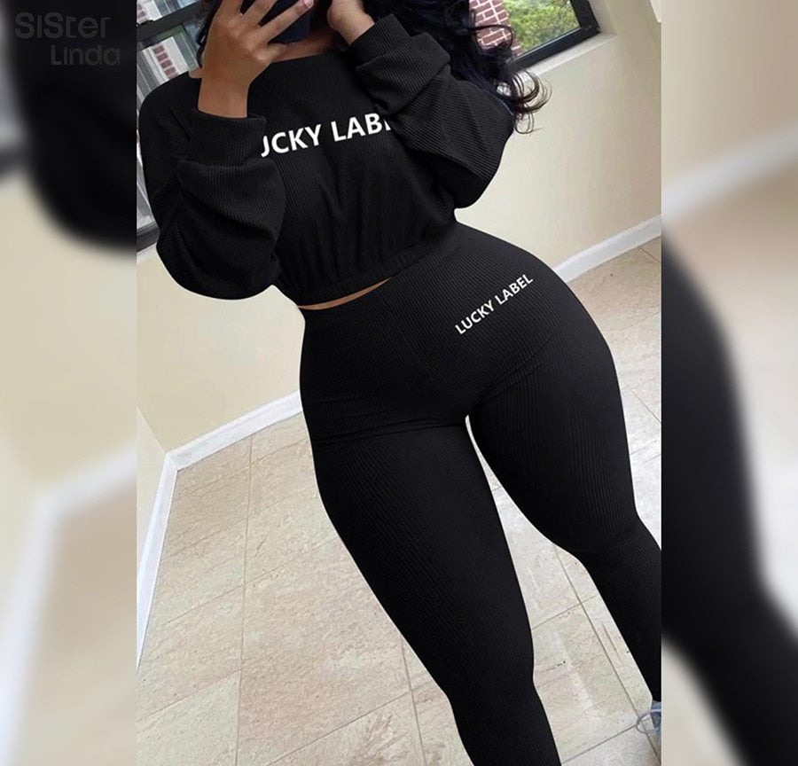 Fashion Rib Lucky Label 2 Piece Set Women Tracksuit Fall Crop Tops Leggings Casual Sweet High Stretch Jogger Outfits Streetwear