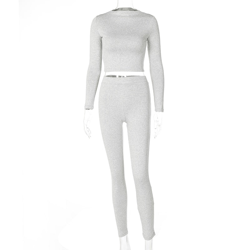 Winter Women Sport Fitness 2 Two Piece Set Outfits Long Sleeve Crop Tops Tshirt Leggings Pants Set Bodycon Tracksuits Women's