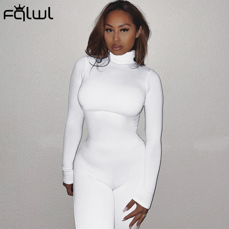 FQLWL Winter Long Sleeve Brown Sexy Bodycon Jumpsuit Women Romper One Piece Outfit Turtleneck White Black Jumpsuit Female Ladies