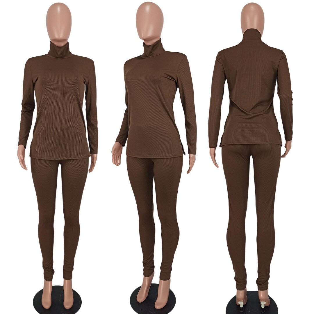 CM.YAYA Basic Ribbed Women's Tracksuit Turtleneck Sweater Tops and Pants Suit Matching Two 2 Piece Set Outfits Knitted Sweatsuit