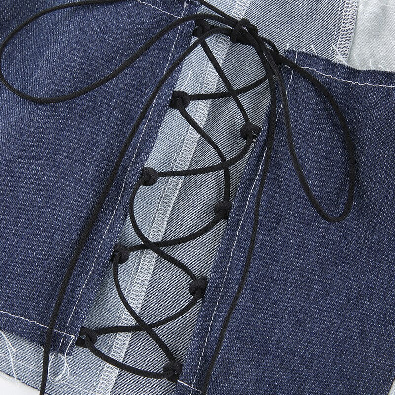 Sexy Patchwork Denim Crop Tops Women Streetwear Y2k Punk Laced Backless Tube Tank Top Party Club Busiter