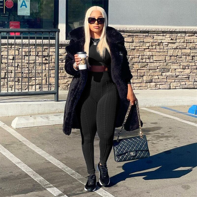Adogirl Sweater Patchwork Solid Two Piece Set Women Tracksuit Long Sleeve Crop Top High Waist Pants Stretchy Casual Suits