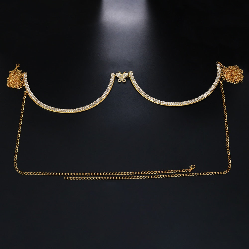 Stonefans Flash Butterfly Rhinestone Chest Bracket Bra Chain for Women Round Breast Body Jewelry NightClub Sexy Bikini Chains