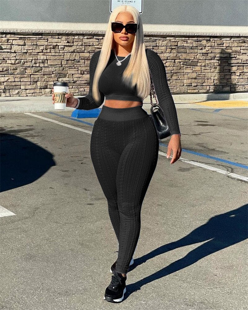 Adogirl Sweater Patchwork Solid Two Piece Set Women Tracksuit Long Sleeve Crop Top High Waist Pants Stretchy Casual Suits