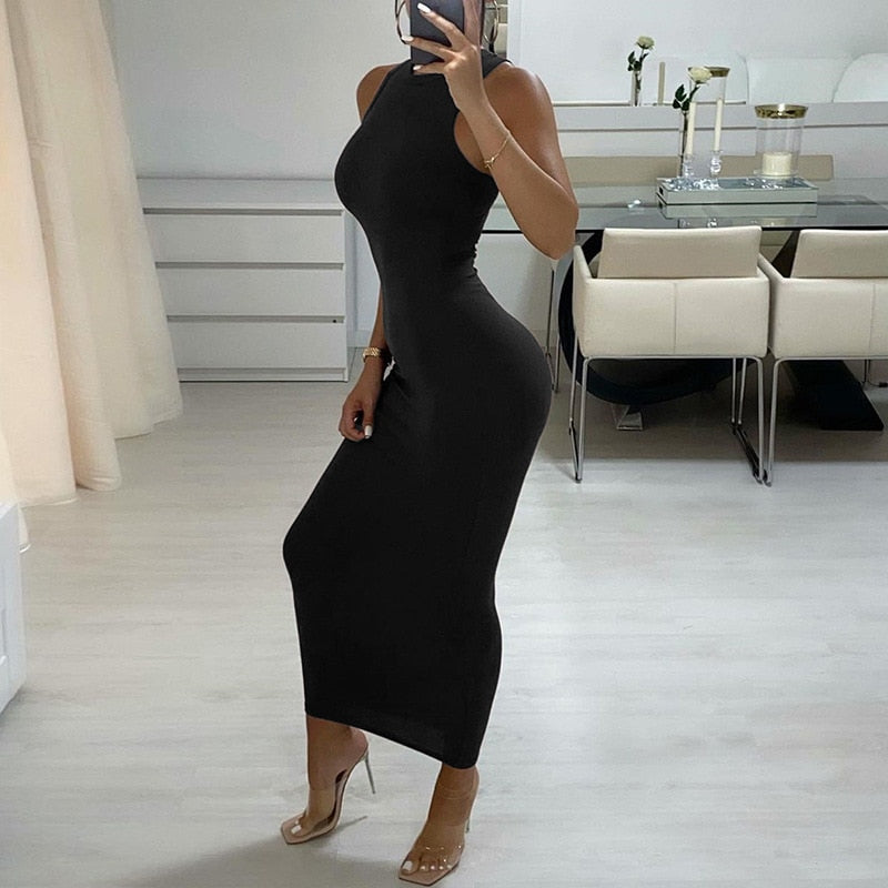 Inwoman Ribbed Knitted Summer Black White Maxi Dress For Women 2022 Sexy Bodycon Long Dress Sundress Ladies Brown Wrap Dresses