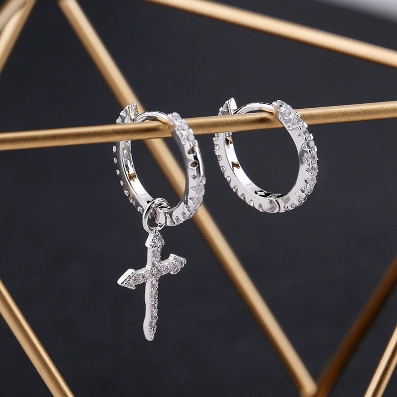 New Fashion Mini Zircon Cross Drop Pendant Hoop Earrings Hip Hop Asymmetric Dangle Earrings For Women Men Jewelry Ear Accessorie