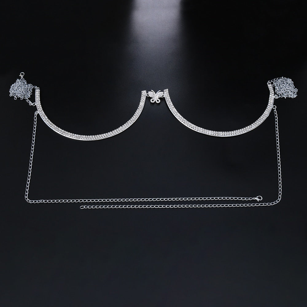 Stonefans Flash Butterfly Rhinestone Chest Bracket Bra Chain for Women Round Breast Body Jewelry NightClub Sexy Bikini Chains