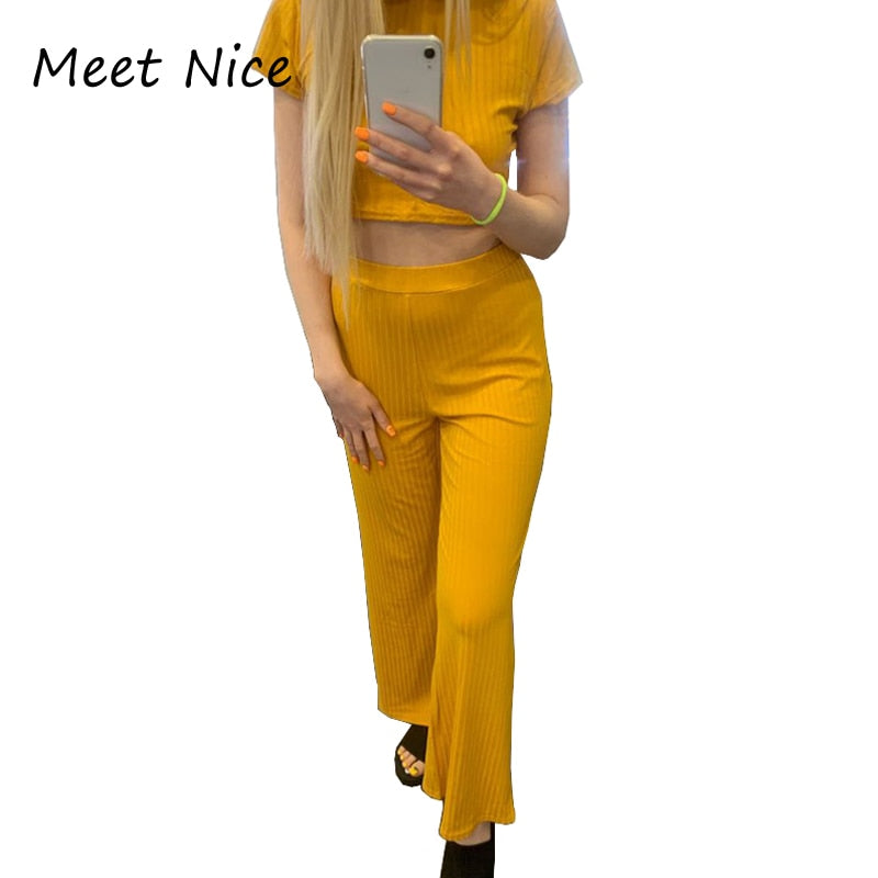 2 Two Piece Set Women Ribbed O Neck Crop Top and Long Pants Set Sexy Autumn Short Sleeve Tracksuit Women Conjunto Feminino 2022
