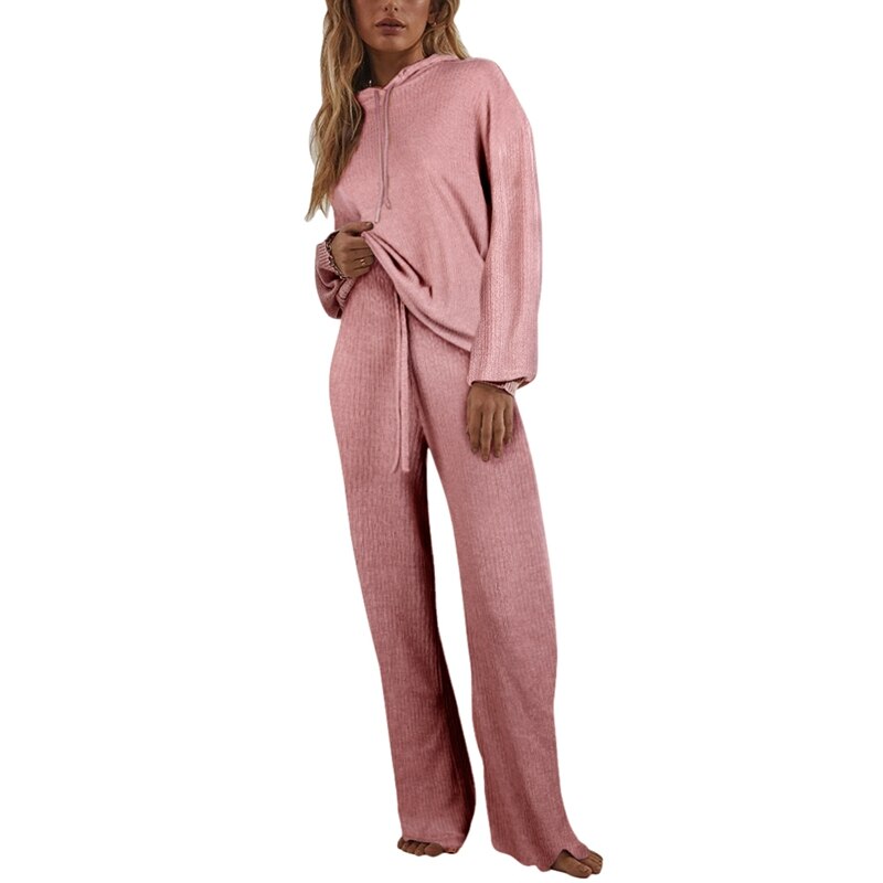 Autumn Knitted Sweat Suits Women Matching Sets Long Sleeve Hoodie+wide-legged Pants Loungewear Sweater Set Two Piece Outfits