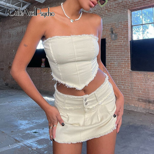 Streetwear Fashion Denim Corset Harajuku Sexy Cute Solid White Cropped Tank Tops Retro Backless Y2K Grunge Vests Cuteandpsycho