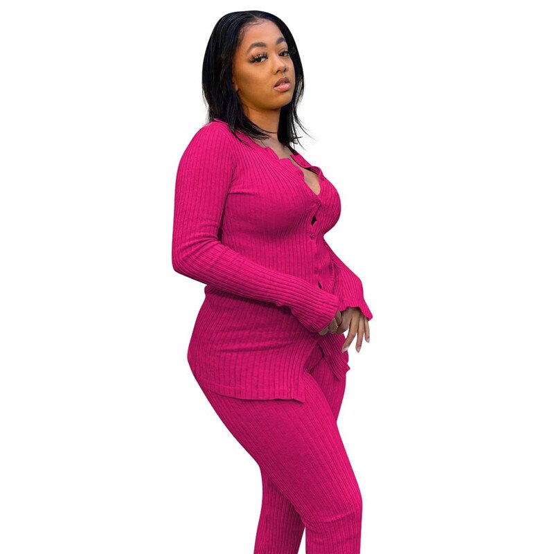 Autumn Women Knitted Tracksuit Long Sleeve Cardigan Sweater Skinny Pants Two Piece Set Ribbed Leggings Streetwear Outfits Ladies