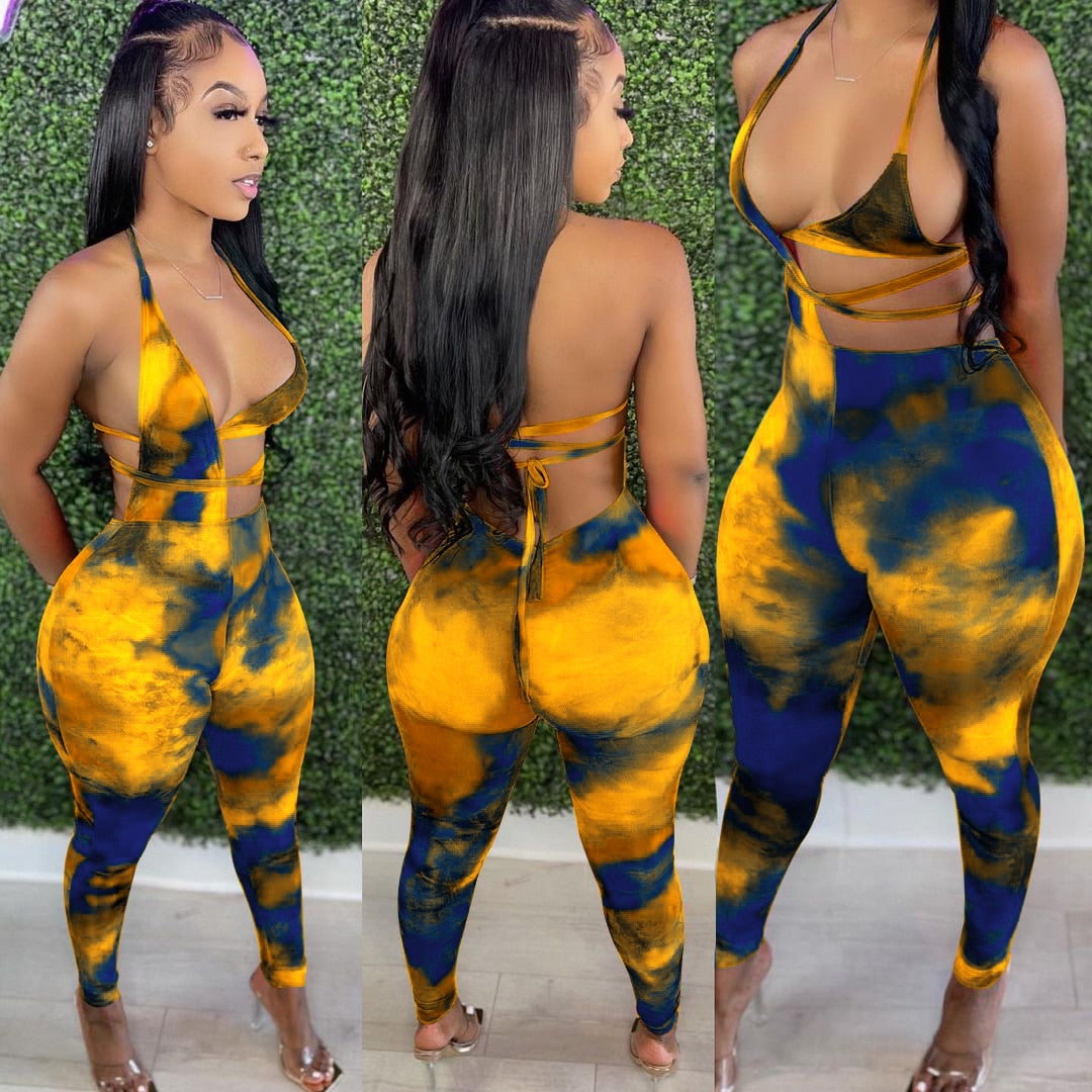 hirigin Gradient Tie Dye Print Jumpsuits for Women Halter Neck Backless Party Club Outfit Summer Hollow Irregular Catsuits