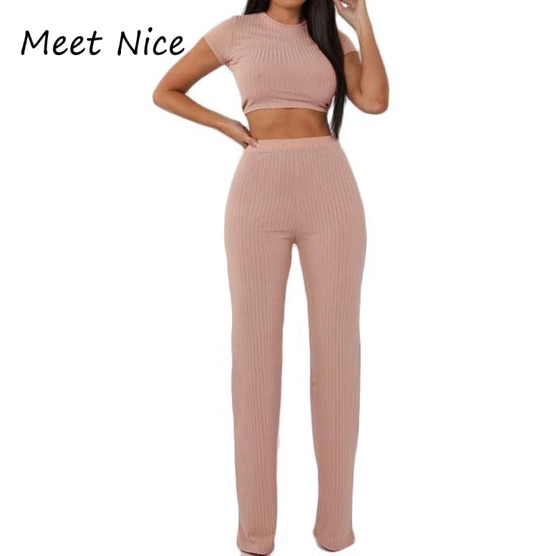 2 Two Piece Set Women Ribbed O Neck Crop Top and Long Pants Set Sexy Autumn Short Sleeve Tracksuit Women Conjunto Feminino 2022